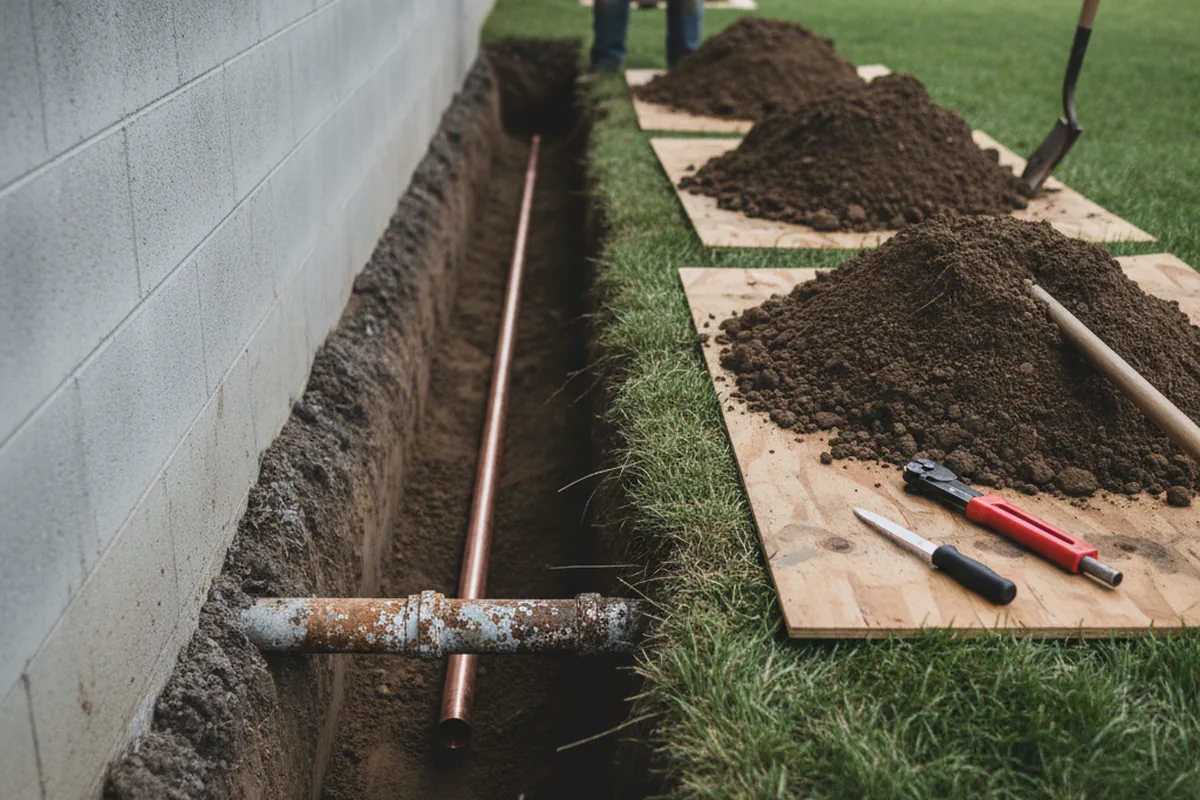 Excavated water line trench during Water Heater Repair in Wallington